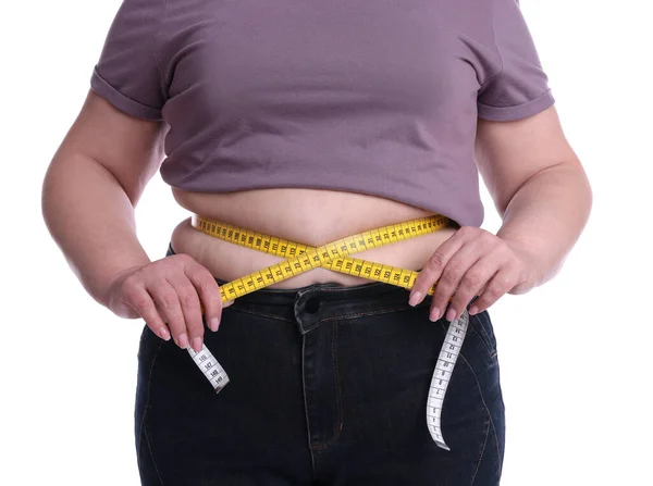Overweight Woman Measuring Waist Tape White Background Closeup — Stock Photo, Image
