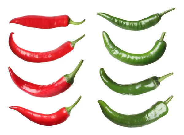 Set Red Green Hot Chili Peppers White Background — Stock Photo, Image