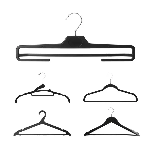Set Met Verschillende Lege Hangers Witte Achtergrond — Stockfoto