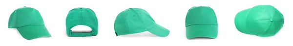 白を基調としたスタイリッシュなグリーンの野球帽をセット バナーデザイン — ストック写真