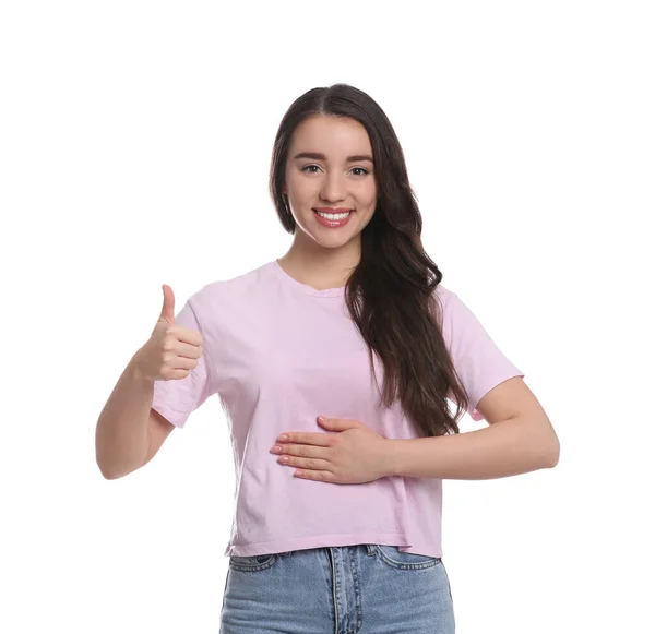 Glückliche Gesunde Frau Berührt Ihren Bauch Auf Weißem Hintergrund — Stockfoto