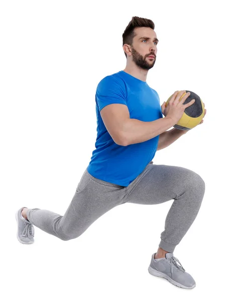 Αθλητικός Άνθρωπος Κάνει Άσκηση Μπάλα Ιατρική Απομονώνονται Λευκό — Φωτογραφία Αρχείου