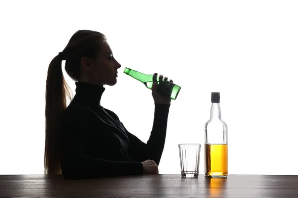 Alcohol Addiction Woman Drinking Beer White Background — Stock Photo, Image