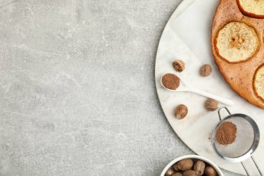 Nutmeg tozu, tohumlar ve elmalı turta açık gri masada, düz yerde. Metin için boşluk