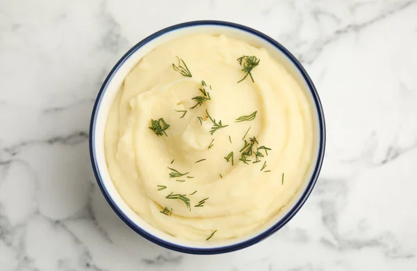 Freshly Cooked Homemade Mashed Potatoes White Marble Table Top View — Stock Photo, Image