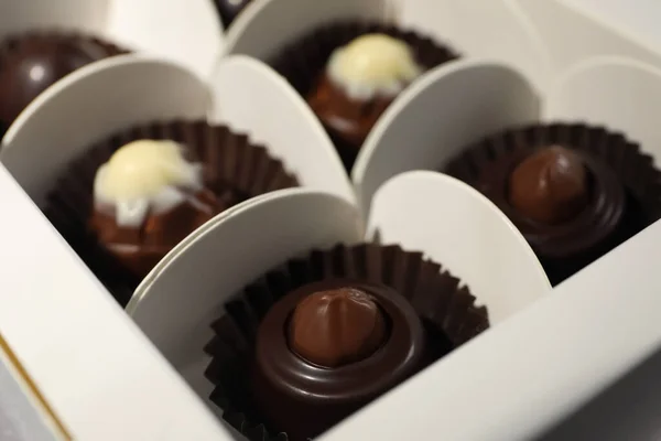 Many Delicious Chocolate Candies Box Closeup — Stock Photo, Image