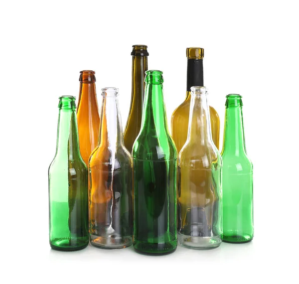 Many Different Glass Bottles White Background Recycling Rubbish — Stock Photo, Image