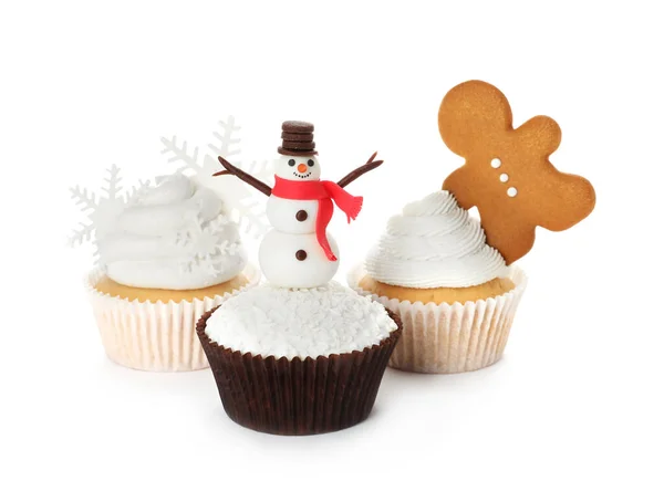 Διαφορετικά Όμορφα Χριστουγεννιάτικα Cupcakes Λευκό Φόντο — Φωτογραφία Αρχείου