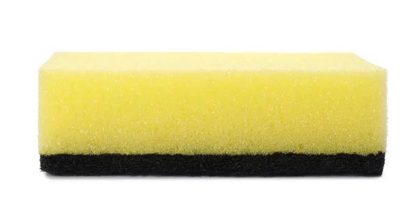 Esponja Limpeza Amarela Com Scourer Preto Abrasivo Isolado Branco — Fotografia de Stock