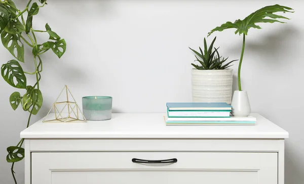 Commode Avec Accessoires Intérieurs Plantes Intérieur Près Mur Blanc — Photo