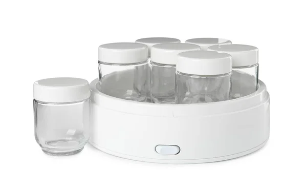 Moderne Yoghurtmaker Met Lege Potten Witte Achtergrond — Stockfoto
