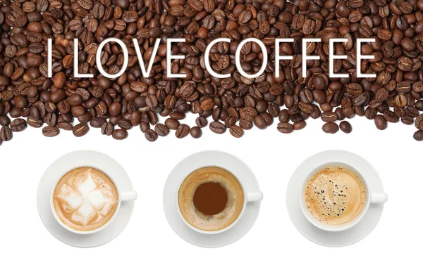 Love Coffe Cups Tasty Hot Drinks Roasted Beans White Background — Stock Photo, Image