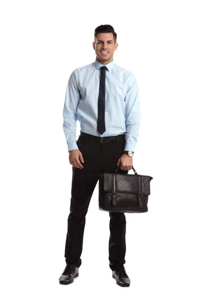 Businessman Stylish Leather Briefcase White Background — Stock Photo, Image