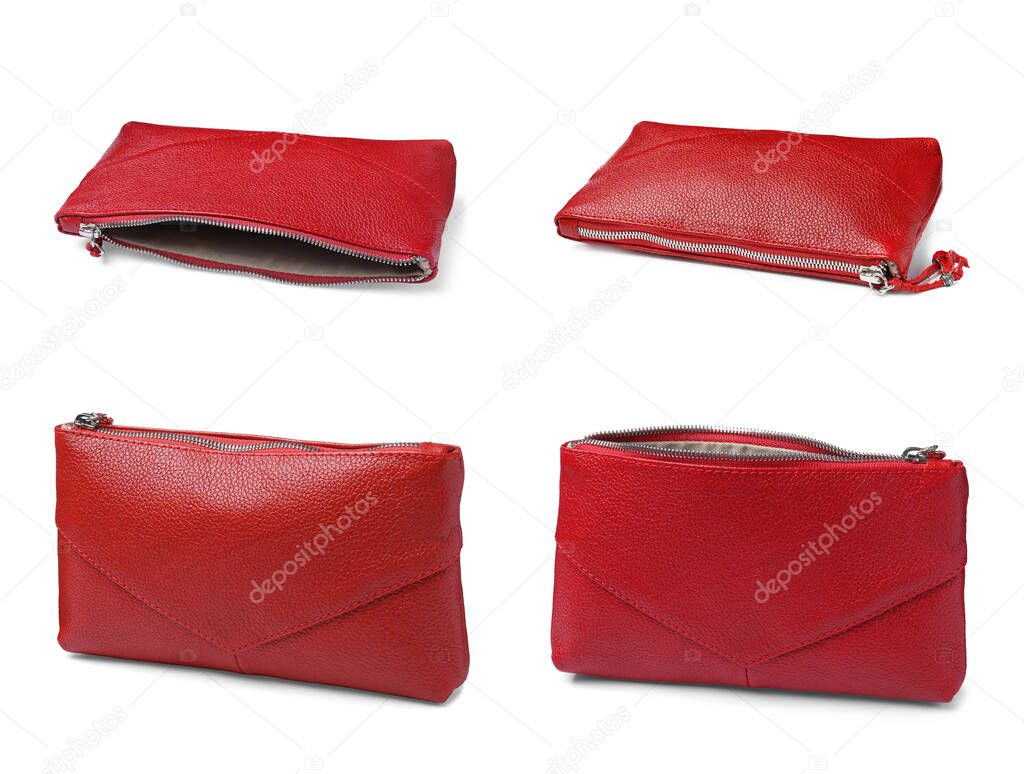 Set with stylish cosmetic bags on white background