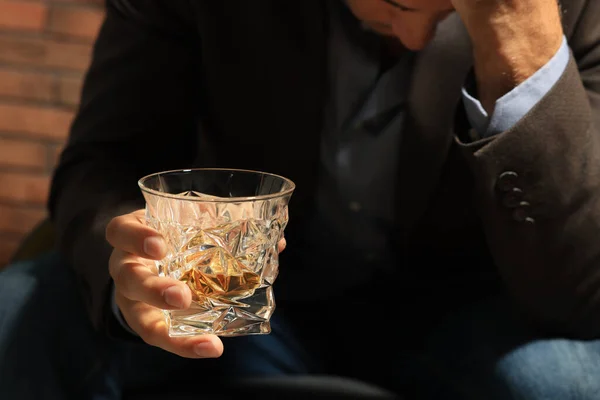 Addicted Man Glass Alcoholic Drink Red Brick Wall Closeup — Stockfoto