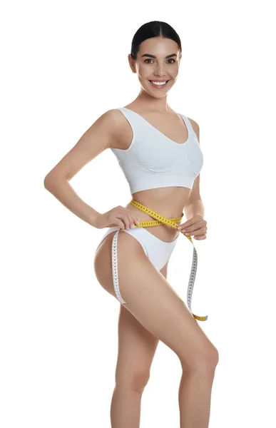 Young Woman Measuring Waist Tape White Background — Stock Photo, Image