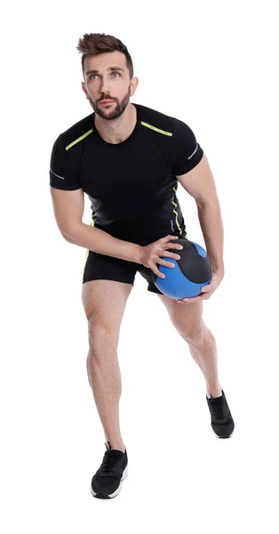 Homme Athlétique Faisant Exercice Avec Boule Médecine Isolé Sur Blanc — Photo