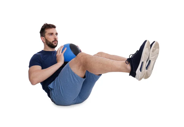 Hombre Atlético Haciendo Ejercicio Con Balón Medicina Aislado Blanco — Foto de Stock