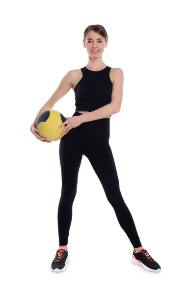 Спортивная Женщина Медицинским Мячом Изолированы Белом — стоковое фото