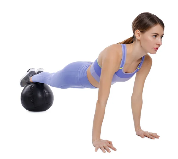 Athletic Woman Doing Exercise Medicine Ball Isolated White — Stock Photo, Image