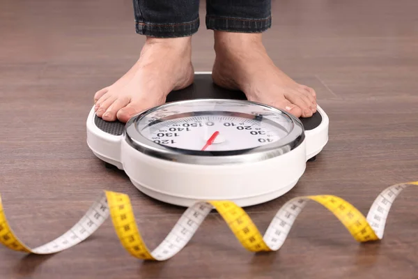 Woman Using Scales Floor Measuring Tape Closeup Overweight Problem — Stock Photo, Image