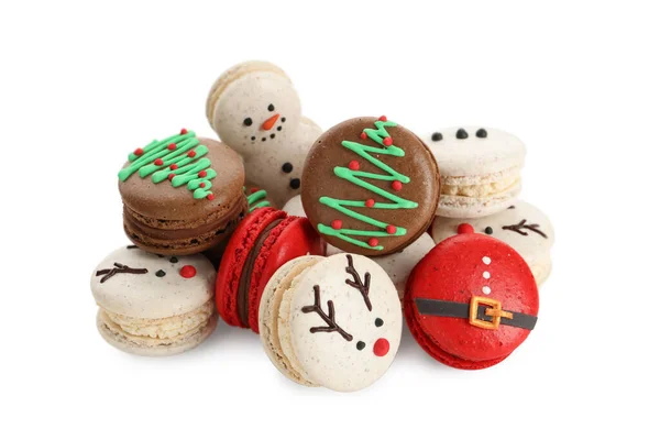 Krásně Zdobené Vánoční Macarons Bílém Pozadí — Stock fotografie