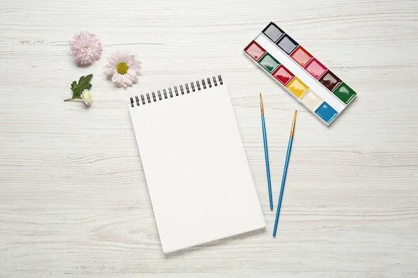 Flat Lay Composition Blank Sketchbook White Wooden Table Space Text — Stock Photo, Image