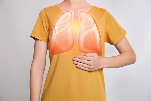 Woman Holding Hand Chest Illustration Lungs Grey Background Closeup — Stock Photo, Image