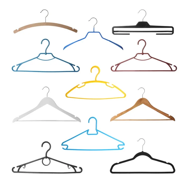 Set Met Verschillende Lege Hangers Witte Achtergrond — Stockfoto