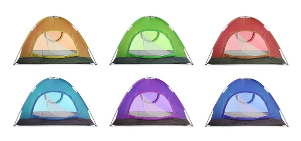 Set Con Diverse Tende Campeggio Colorate Sfondo Bianco Design Banner — Foto Stock