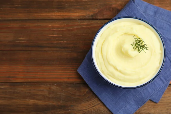 Freshly Cooked Homemade Mashed Potatoes Wooden Table Top View Space — Stock Photo, Image