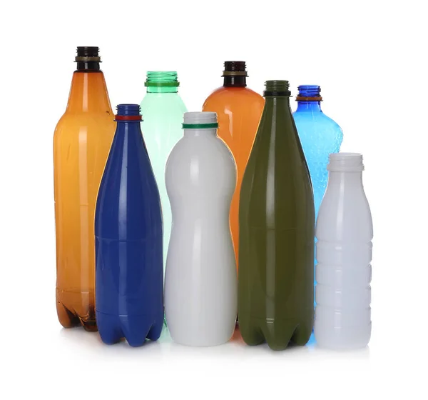 Many Different Plastic Bottles White Background Recycling Rubbish — Stock Photo, Image