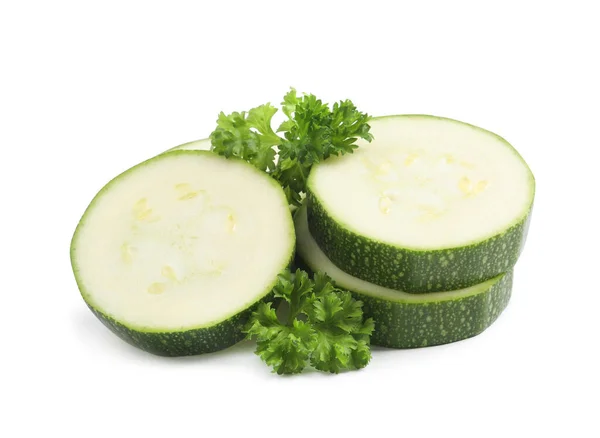 Cut Green Ripe Zucchini Parsley Isolated White — Stock Photo, Image