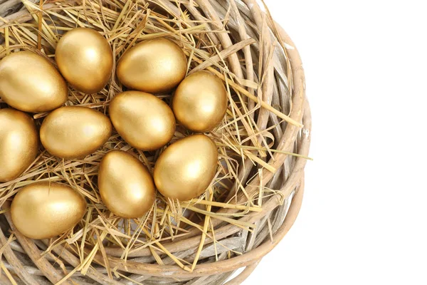 Shiny Golden Eggs Nest White Background Top View — Stock Photo, Image