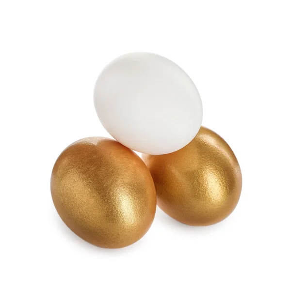 Golden Eggs Ordinary One White Background — Stock Photo, Image