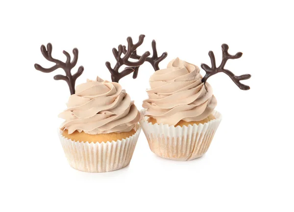 Νόστιμα Χριστουγεννιάτικα Cupcakes Κεράτινα Σοκολατάκια Λευκό Φόντο — Φωτογραφία Αρχείου