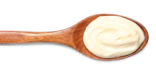 Holzlöffel Mit Mayonnaise Isoliert Auf Weiß Von Oben — Stockfoto