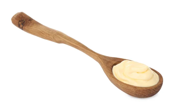 Houten Lepel Met Smakelijke Mayonaise Geïsoleerd Wit — Stockfoto