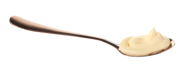Cucchiaio Con Gustosa Maionese Isolata Bianco — Foto Stock