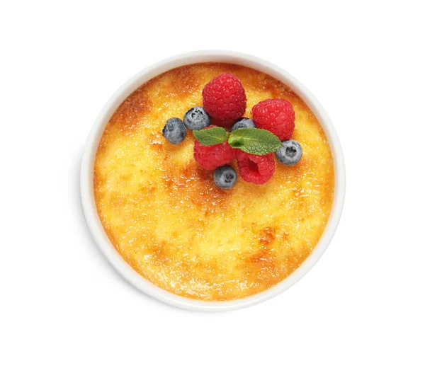 Delicious Creme Brulee Fresh Berries Isolated White Top View — Stock Photo, Image