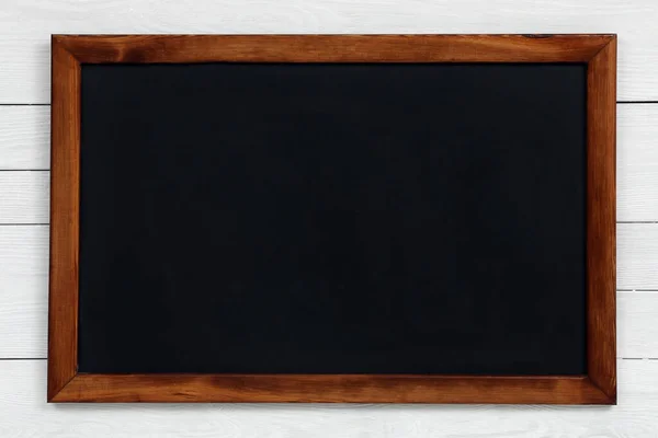 Clean Black Chalkboard Hanging White Wooden Wall — Stock Photo, Image