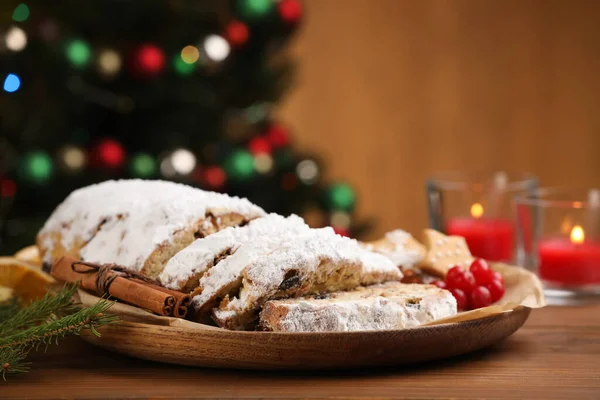 Traditional Christmas Stollen Icing Sugar Wooden Table — Stock Photo, Image