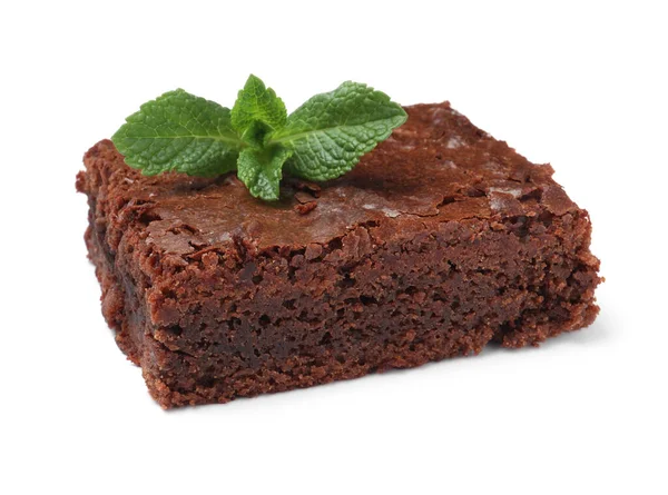 Delicious Chocolate Brownie Fresh Mint Leaves White Background — Stock Photo, Image