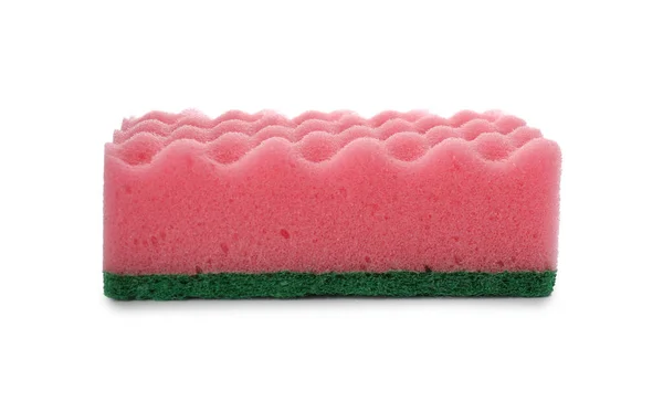 Roze Reinigingsspons Met Schurende Groene Geurstof Geïsoleerd Wit — Stockfoto