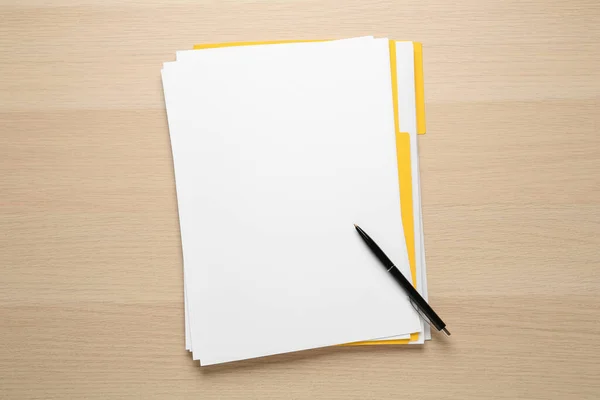 Yellow File Blank Sheets Paper Pen Wooden Table Top View — Stock Photo, Image