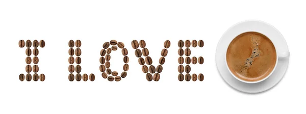 Love Coffee Phrase Made Roasted Beans Cup Hot Espresso White — Stock Photo, Image