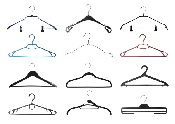 Set Met Verschillende Lege Hangers Witte Achtergrond — Stockfoto