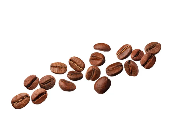 Sok Pörkölt Kávébab Repül Fehér Alapon — Stock Fotó