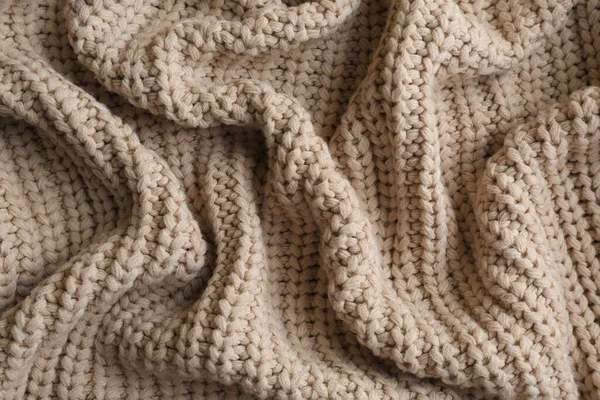 Beautiful Beige Knitted Fabric Background Top View — Stock Photo, Image