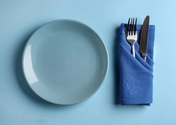 Beautiful Table Setting Light Blue Background Flat Lay — Stock Photo, Image